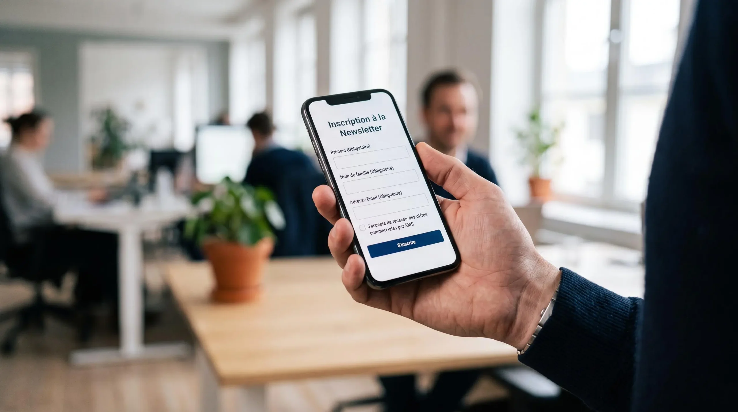 Smartphone affichant un formulaire d'inscription web en français avec checkbox opt-in SMS marketing non cochée, tenu dans une main